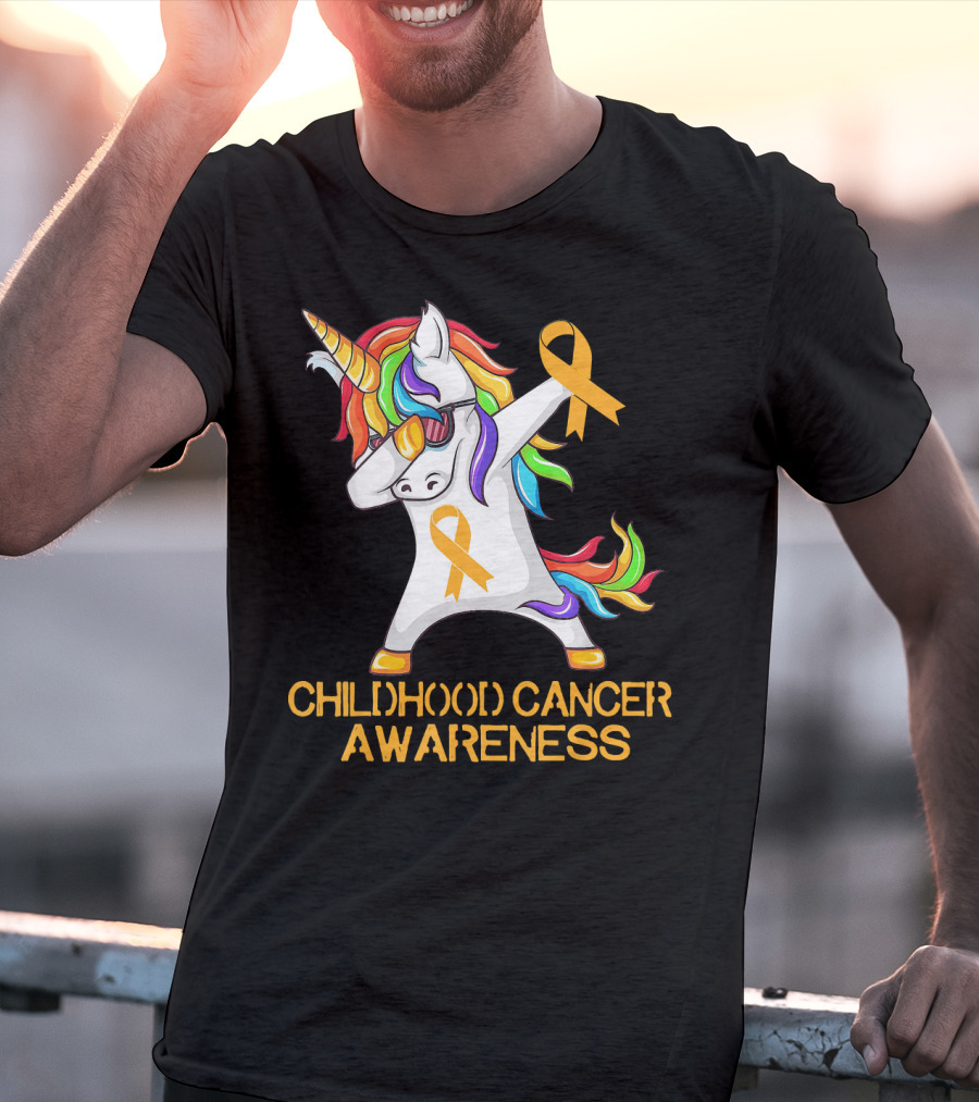 Childhood Cancer Awareness Dabbing Unicorn With Yellow T-Shirt