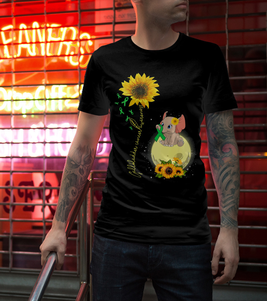 Gallbladder Cancer Awareness Elephant With Sunflowers And Green T-Shirt