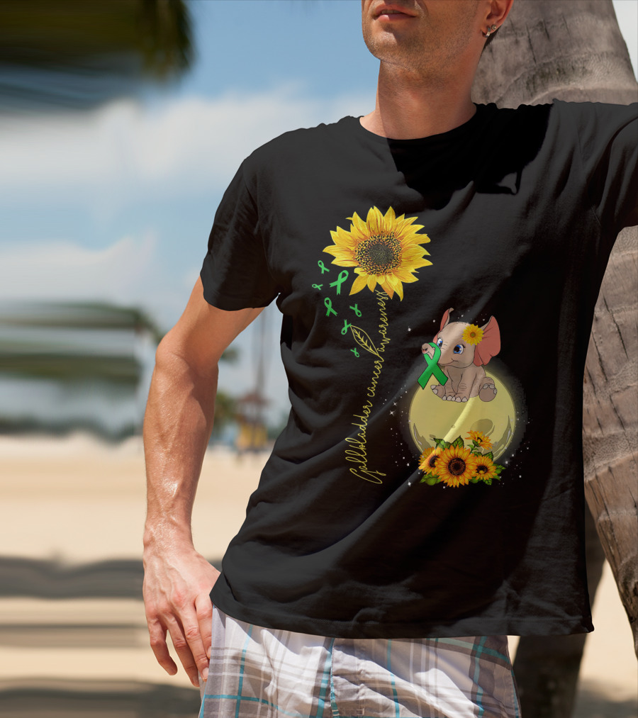 Gallbladder Cancer Awareness Elephant With Sunflowers And Green T-Shirt