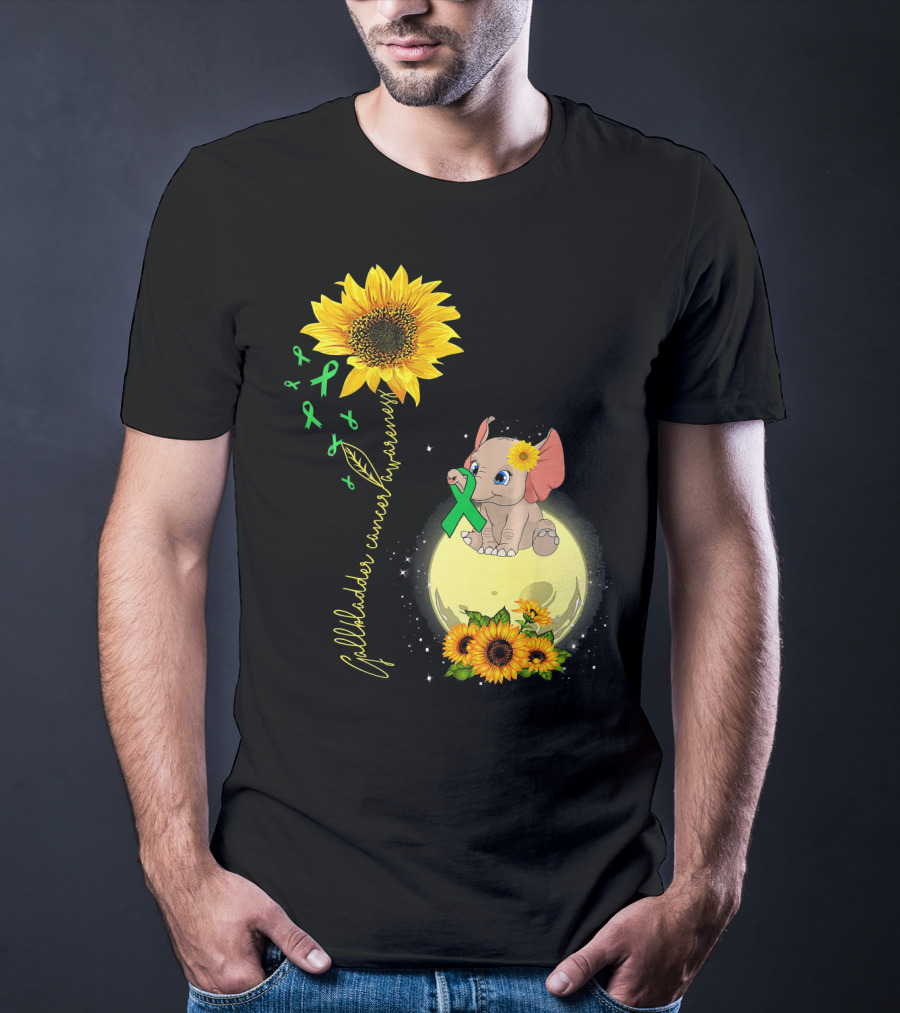 Gallbladder Cancer Awareness Elephant With Sunflowers And Green T-Shirt