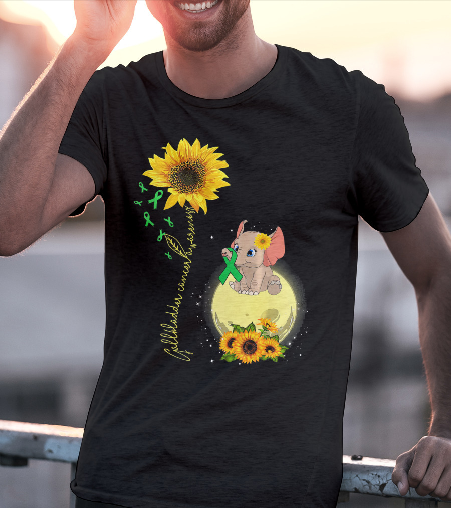 Gallbladder Cancer Awareness Elephant With Sunflowers And Green T-Shirt