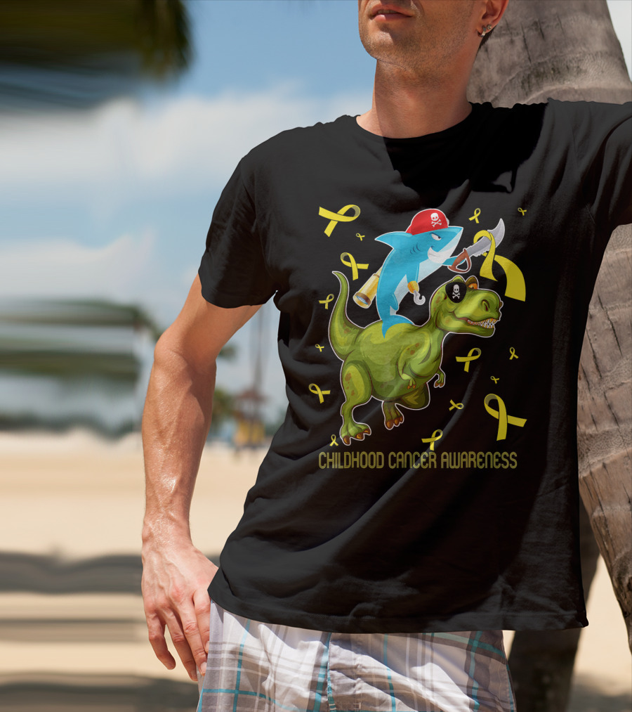 Childhood Cancer Awareness Shark And Dinosaur With Yellow Ribbons T-Shirt