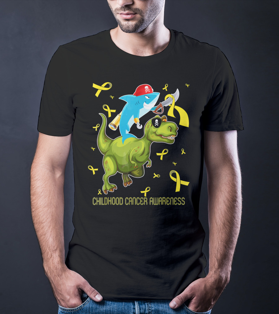 Childhood Cancer Awareness Shark And Dinosaur With Yellow Ribbons T-Shirt