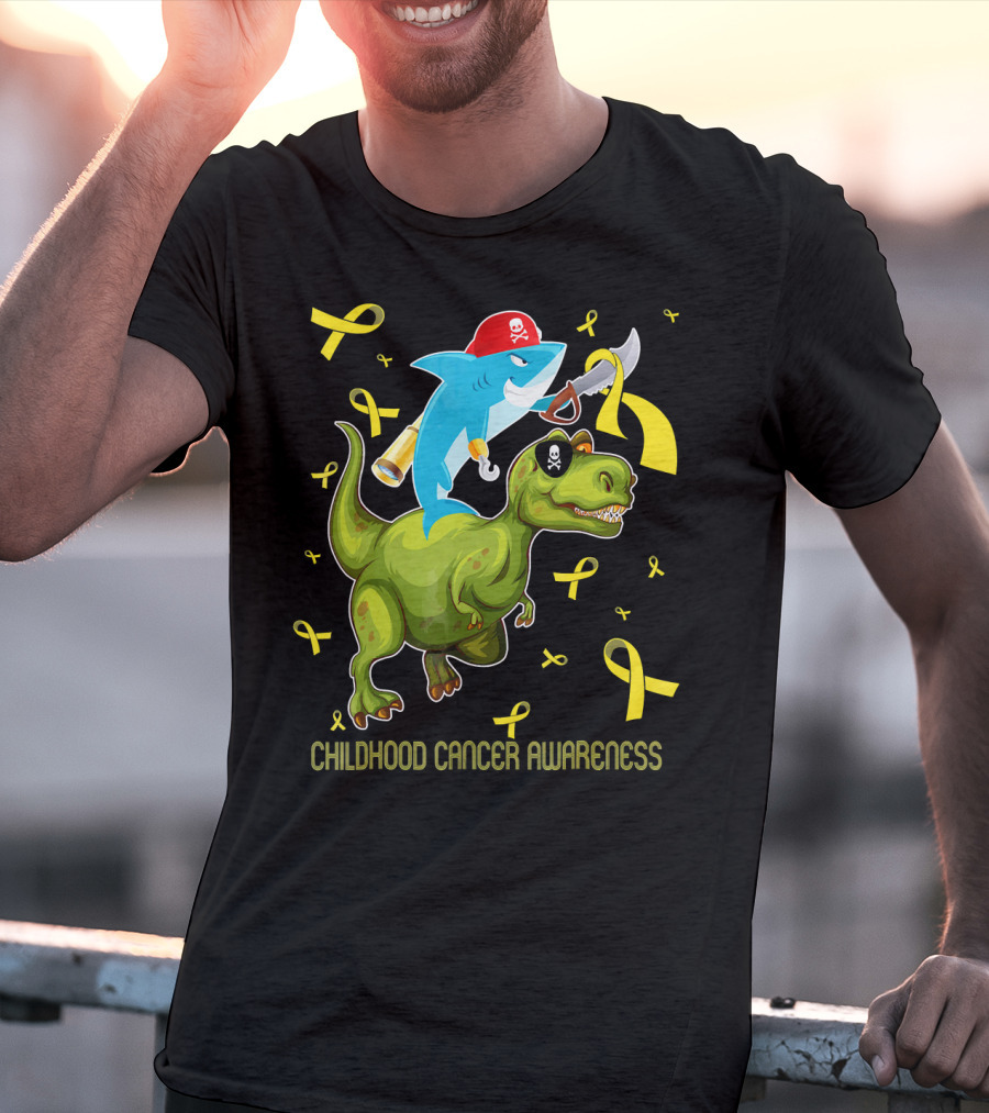 Childhood Cancer Awareness Shark And Dinosaur With Yellow Ribbons T-Shirt