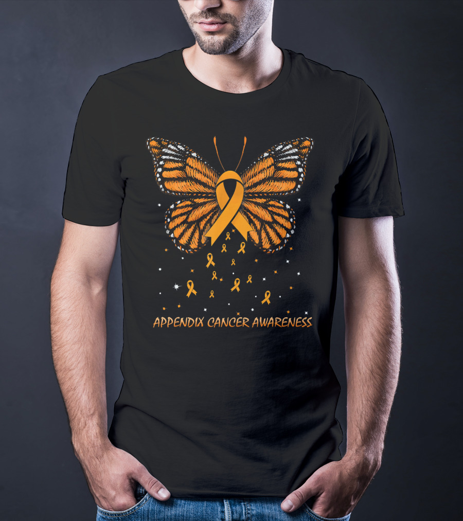 Appendix Cancer Awareness Orange Ribbon Butterfly T-Shirt
