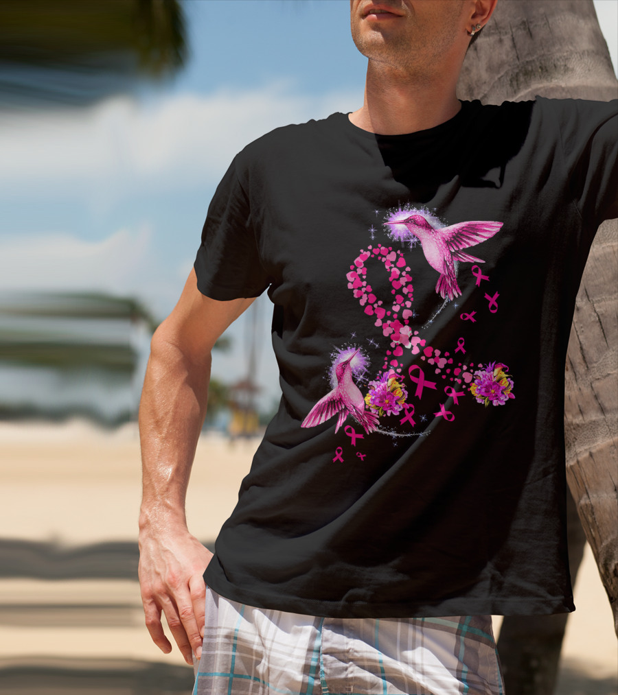 Hummingbird Heart Pink Ribbon Breast Cancer Awareness Flowers T-Shirt