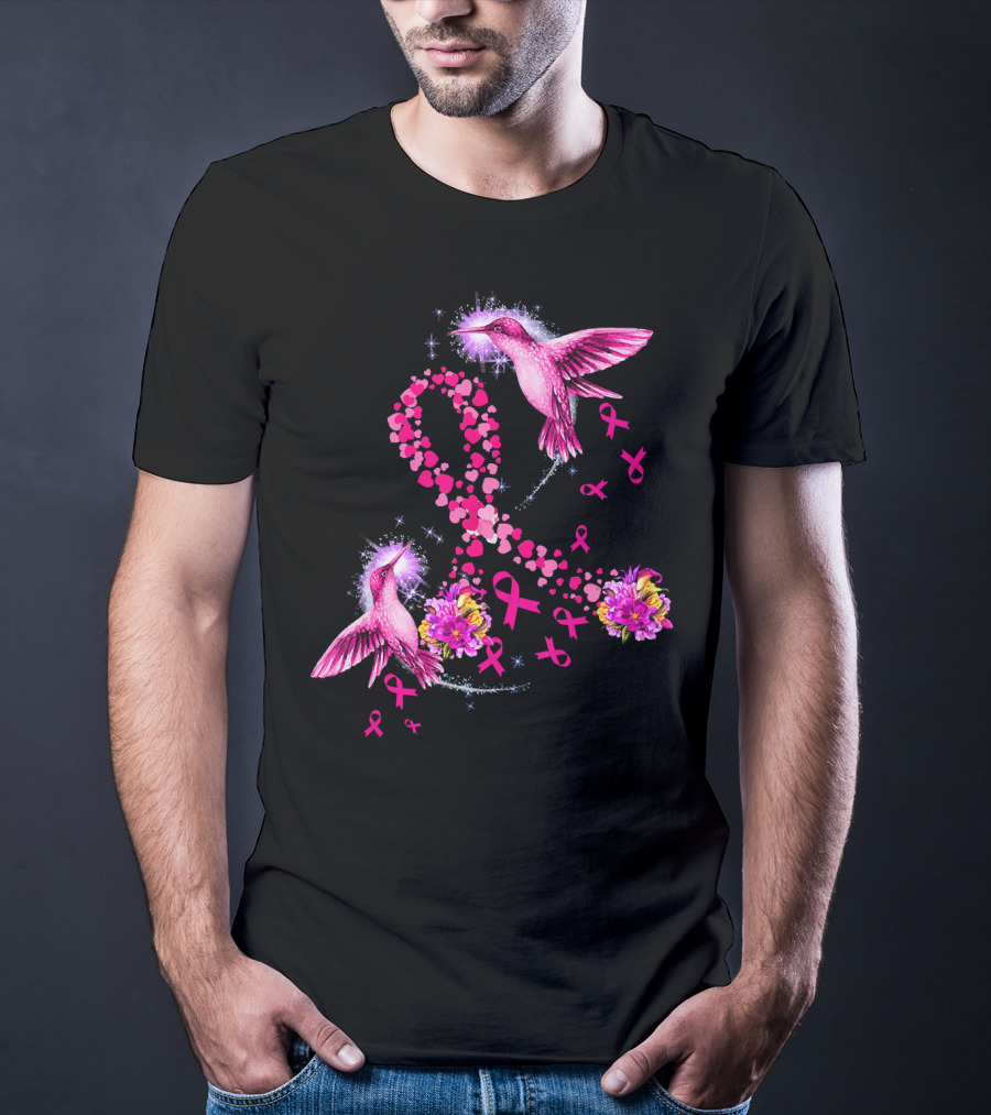Hummingbird Heart Pink Ribbon Breast Cancer Awareness Flowers T-Shirt