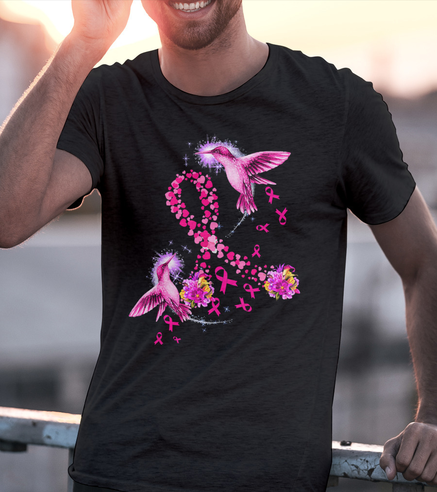 Hummingbird Heart Pink Ribbon Breast Cancer Awareness Flowers T-Shirt