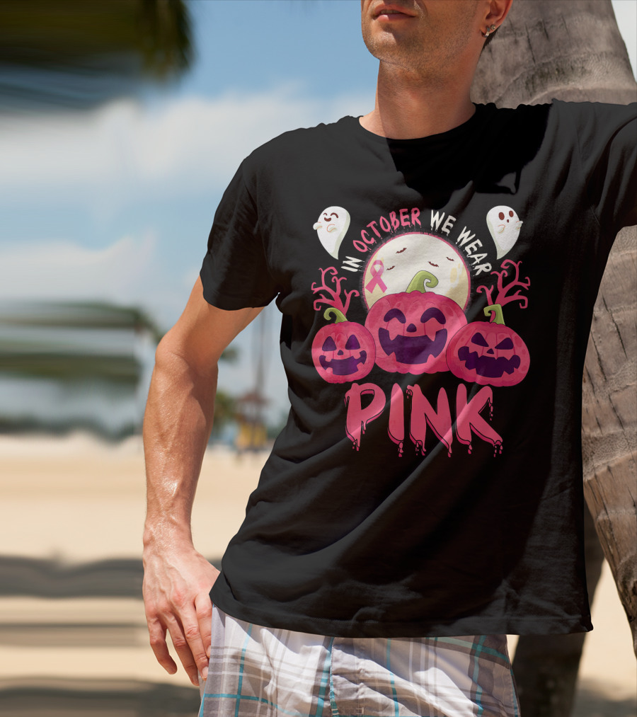 In October We Wear Pink Pumpkin With Ghosts And Moon T-Shirt