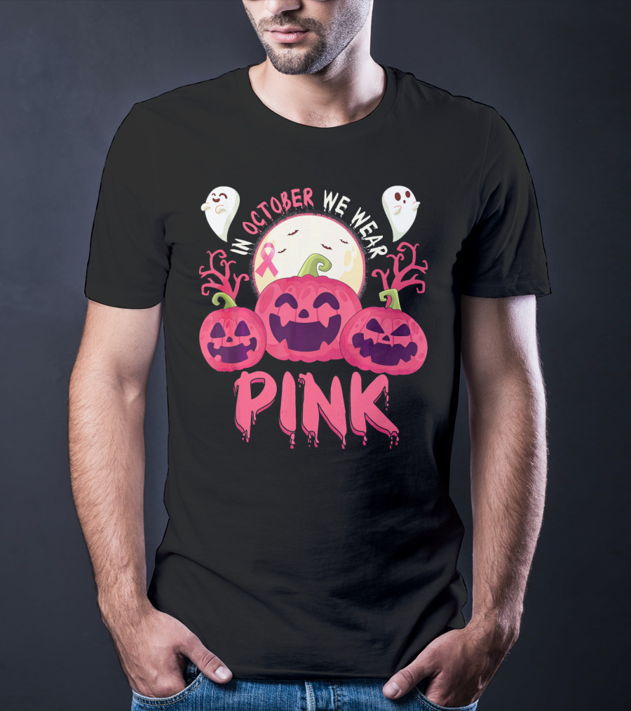 In October We Wear Pink Pumpkin With Ghosts And Moon T-Shirt