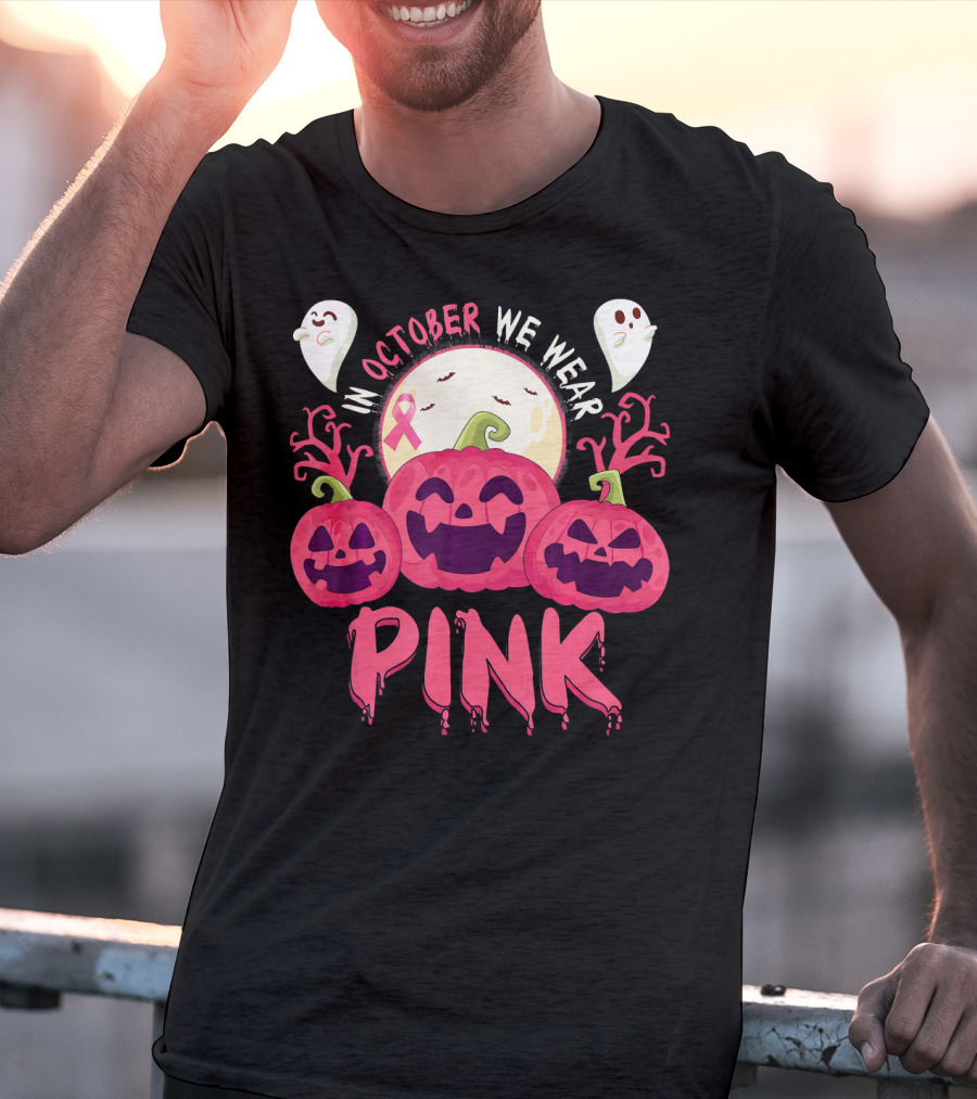 In October We Wear Pink Pumpkin With Ghosts And Moon T-Shirt