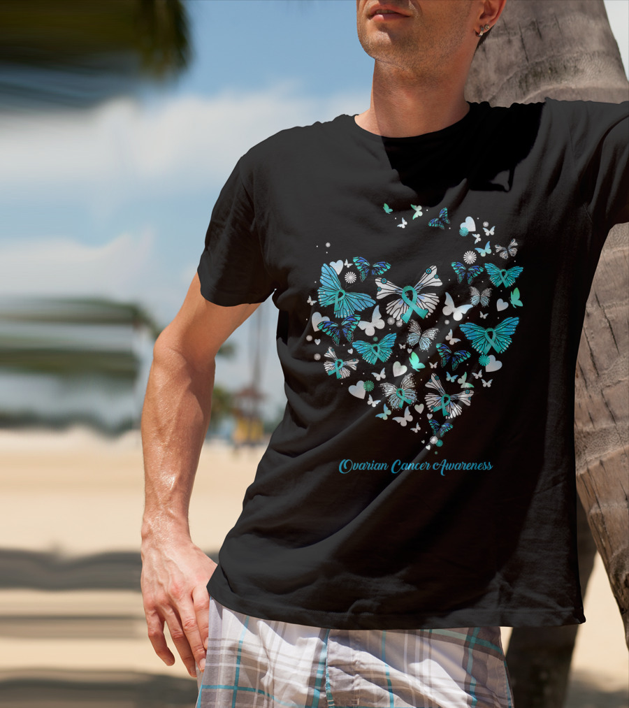 Ovarian Cancer Awareness Butterfly Heart T-Shirt