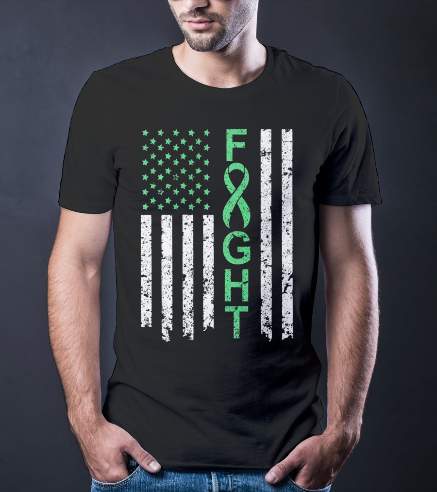 Liver Cancer Awareness Green Ribbon Fight American Flag T-Shirt
