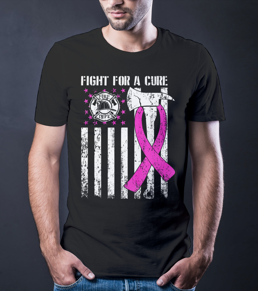 Fight For A Cure Fire Dept Pink Ribbon Axe Flag T-Shirt