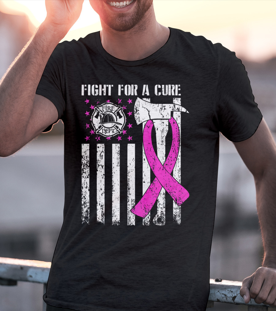 Fight For A Cure Fire Dept Pink Ribbon Axe Flag T-Shirt
