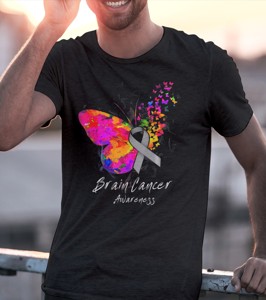 Brain Cancer Awareness Butterfly With Gray Ribbon And Colorful Wing Motif T-Shirt