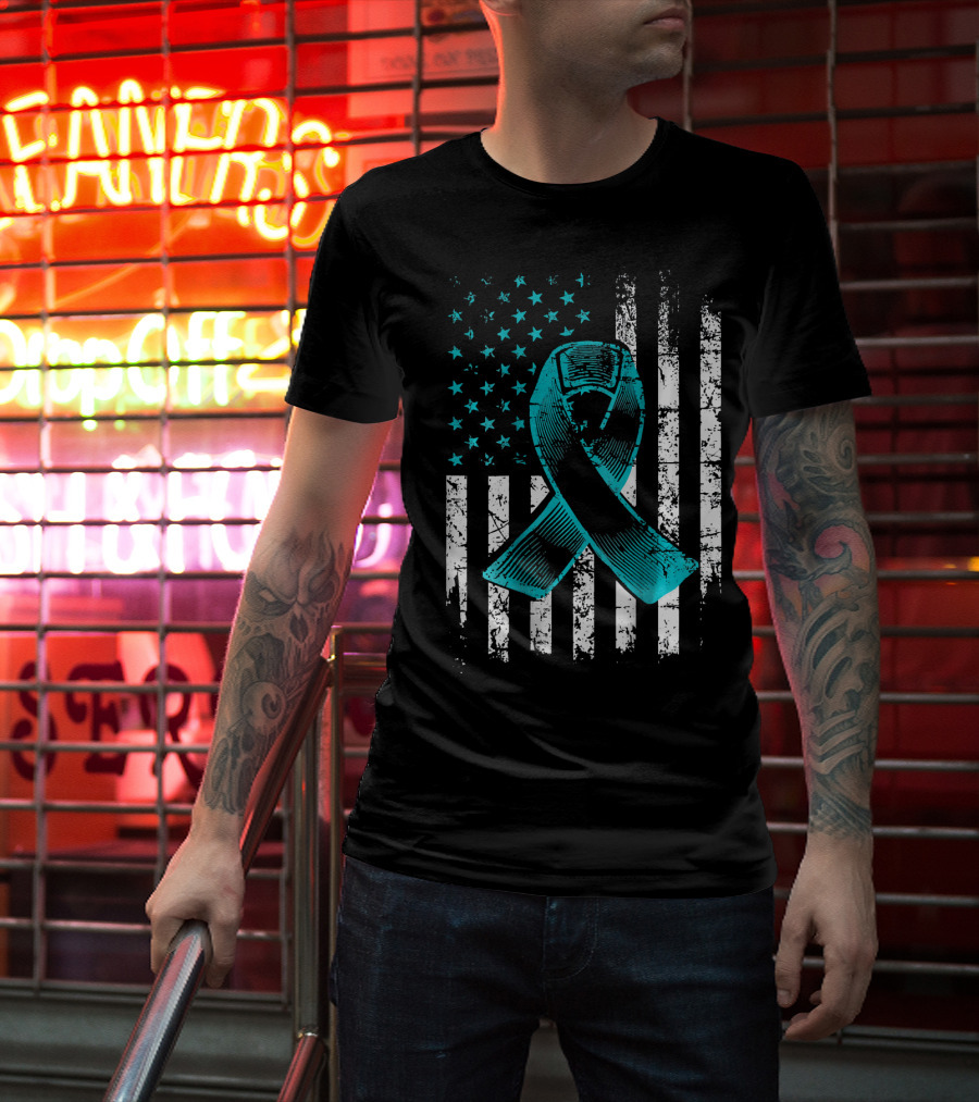 Fighting Flag Ovarian Cancer Awareness With Teal Ribbon And American T-Shirt