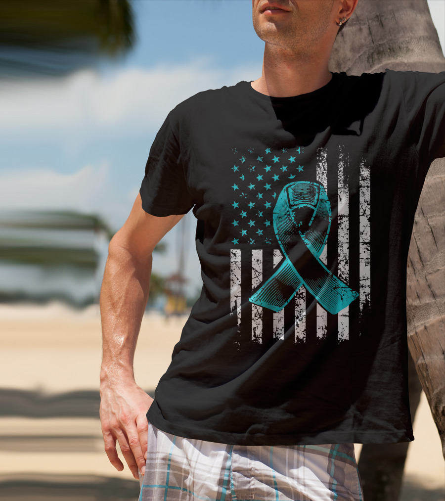 Fighting Flag Ovarian Cancer Awareness With Teal Ribbon And American T-Shirt