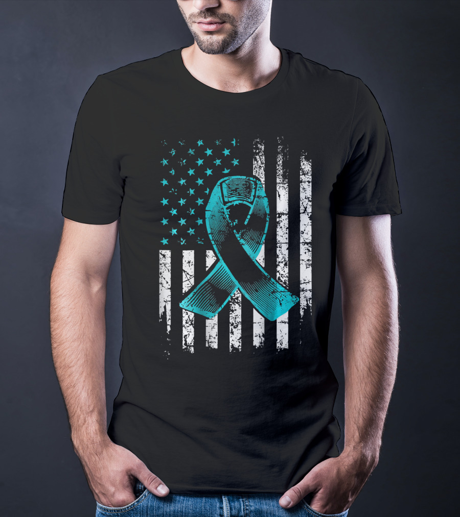 Fighting Flag Ovarian Cancer Awareness With Teal Ribbon And American T-Shirt
