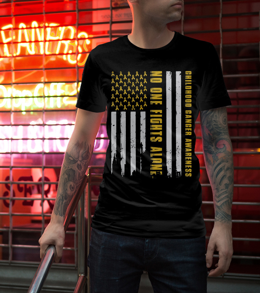No One Fights Alone USA Flag Childhood Cancer Awareness T-Shirt