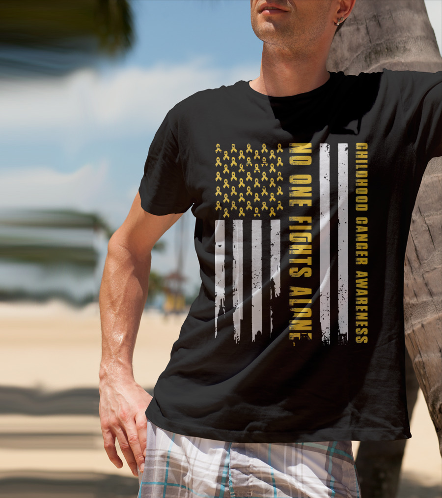 No One Fights Alone USA Flag Childhood Cancer Awareness T-Shirt