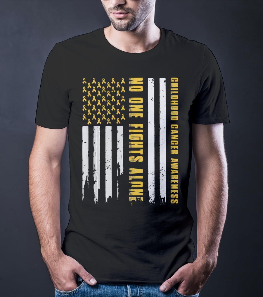 No One Fights Alone USA Flag Childhood Cancer Awareness T-Shirt
