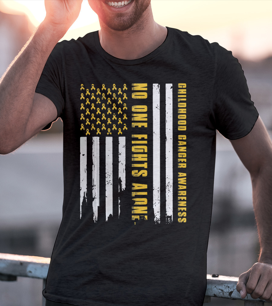 No One Fights Alone USA Flag Childhood Cancer Awareness T-Shirt