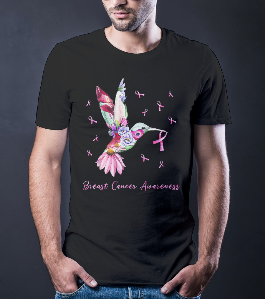 Breast Cancer Awareness Pink Ribbon Flower Hummingbird T-Shirt