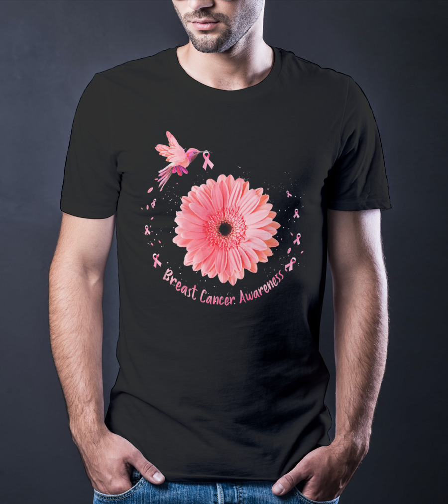 Hummingbird Pink Ribbon Breast Cancer Awareness Sunflower T-Shirt