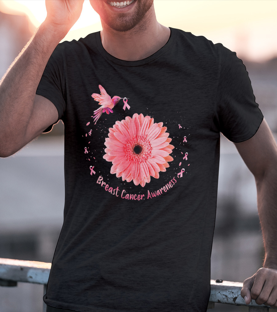 Hummingbird Pink Ribbon Breast Cancer Awareness Sunflower T-Shirt