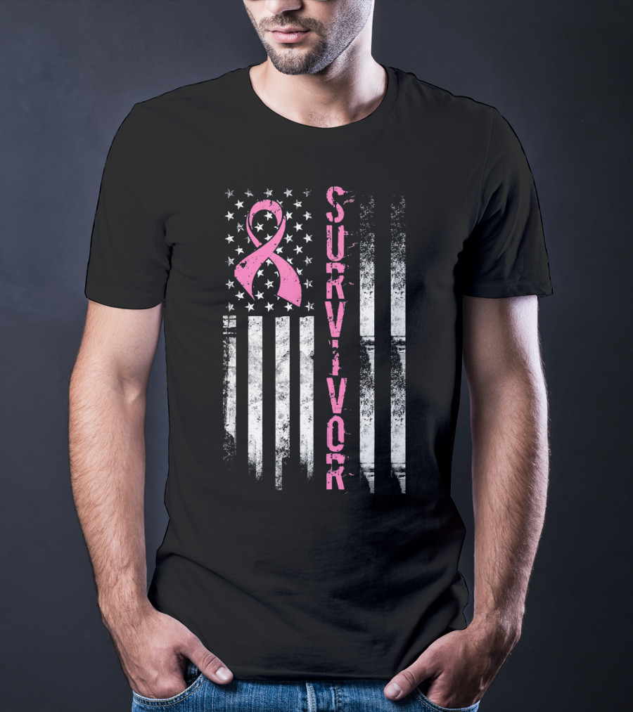 Breast Cancer Survivor Pink Ribbon American Flag T-Shirt