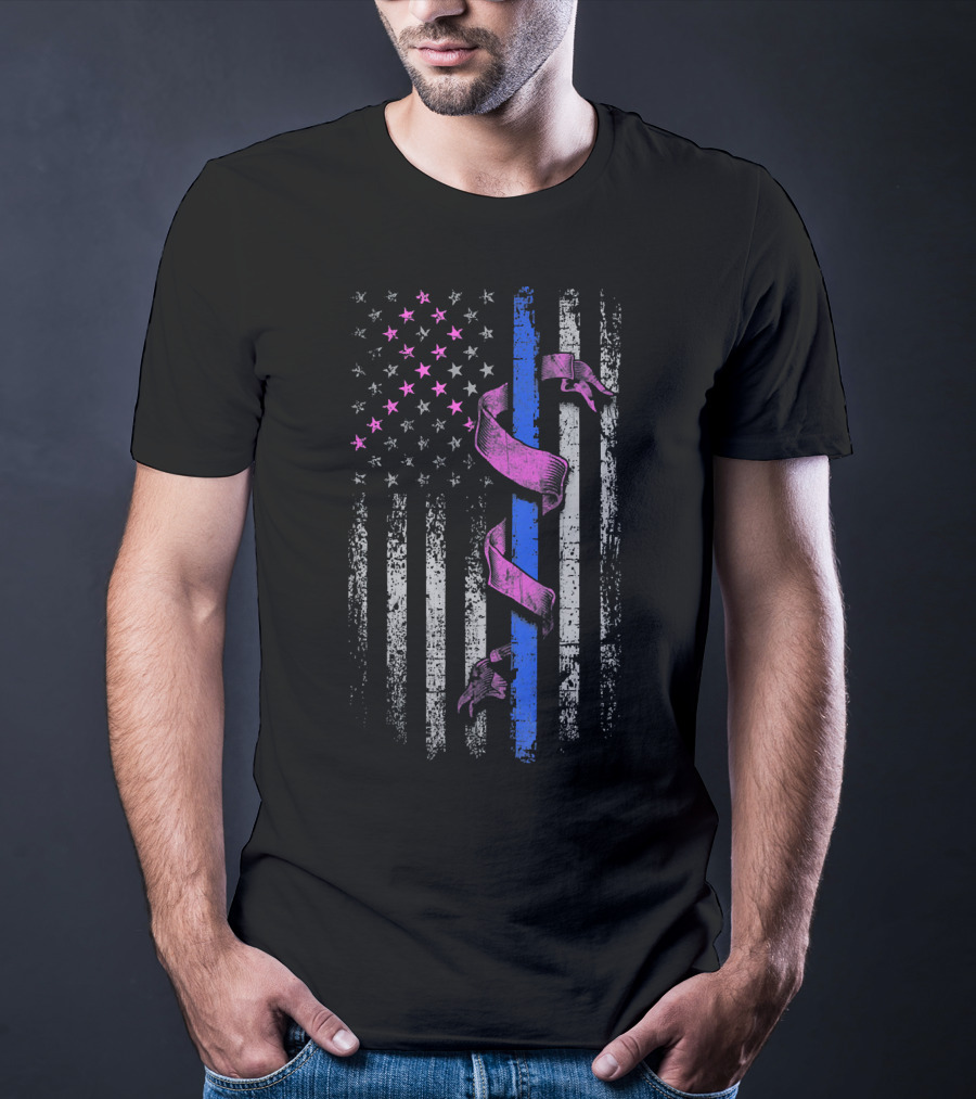 Thin Blue Line Pink Ribbon American Flag Breast Cancer Awareness T-Shirt