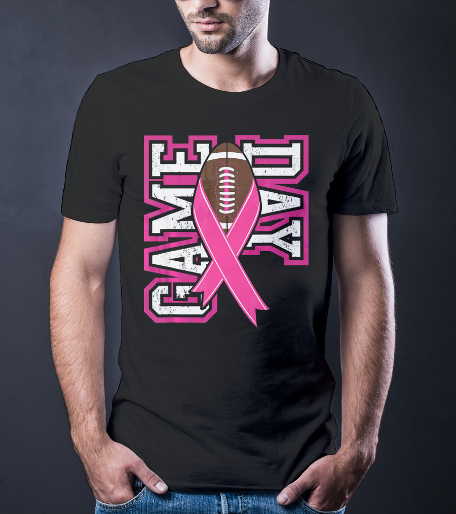 Game Day Breast Cancer Awareness Pink Ribbon Football T-Shirt
