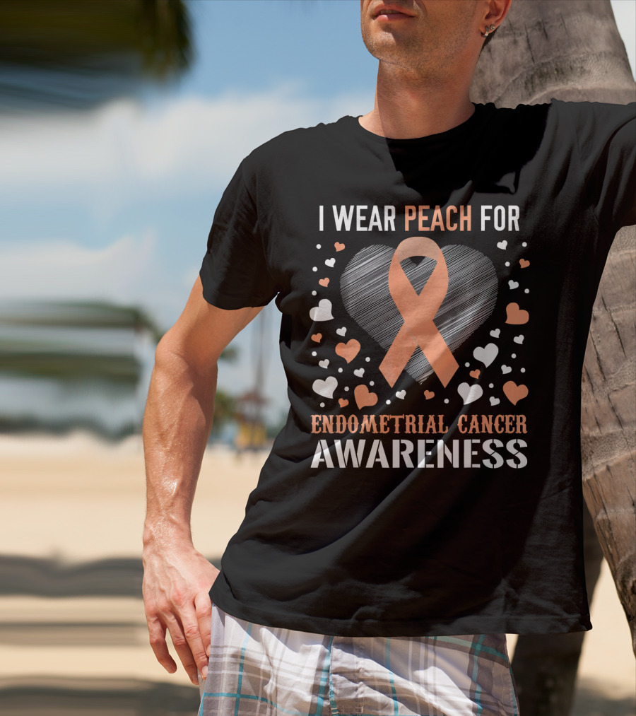 I Wear Peach For Endometrial Cancer Awareness Ribbon Heart T-Shirt