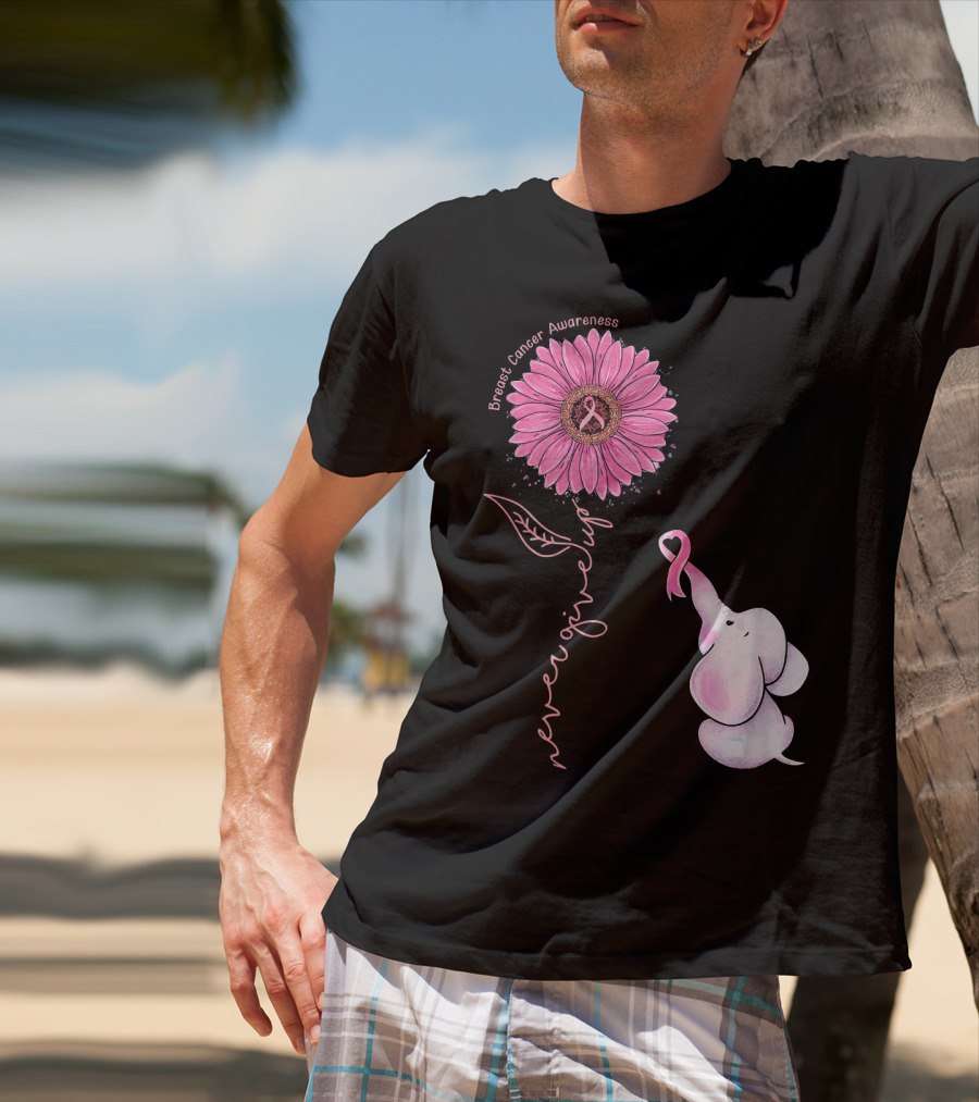 Breast Cancer Awareness Never Give Up Pink Ribbon Sunflower Elephant T-Shirt