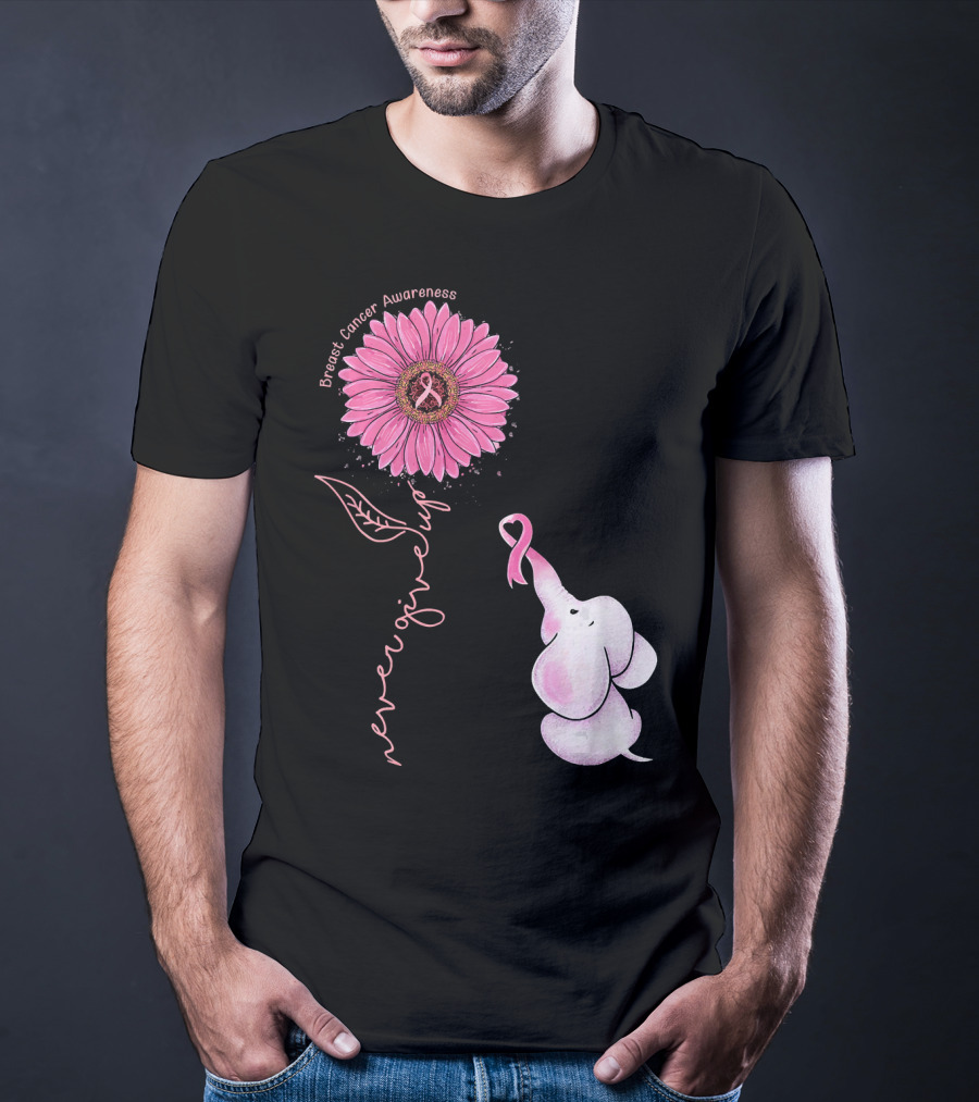 Breast Cancer Awareness Never Give Up Pink Ribbon Sunflower Elephant T-Shirt