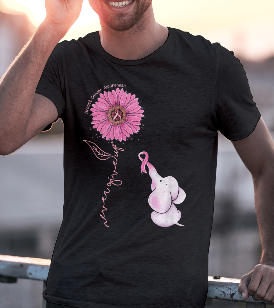 Breast Cancer Awareness Never Give Up Pink Ribbon Sunflower Elephant T-Shirt