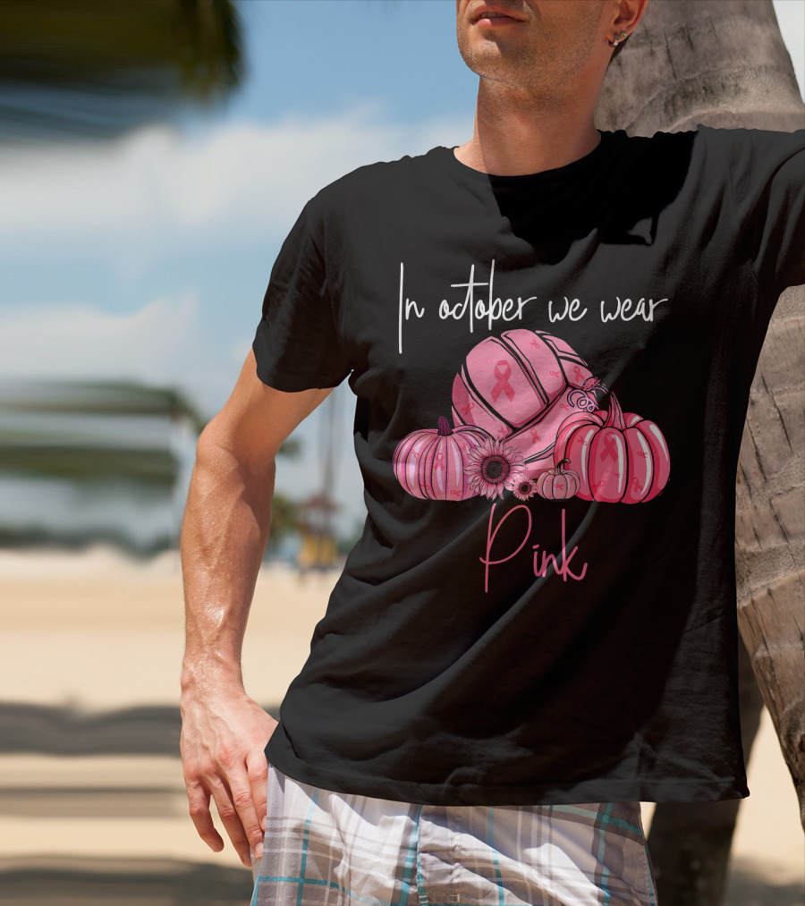 In October We Wear Pink Volleyball Pumpkins With Ribbons T-Shirt