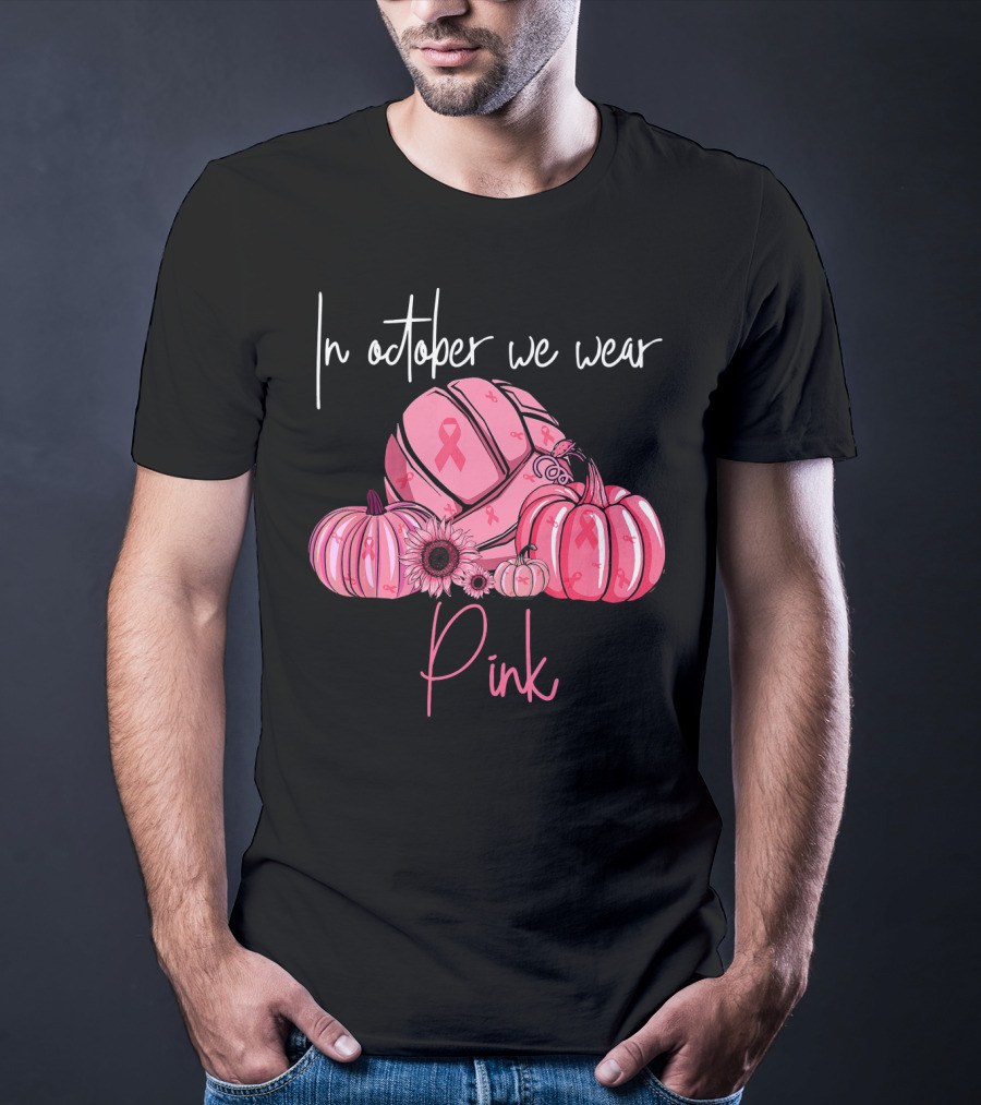In October We Wear Pink Volleyball Pumpkins With Ribbons T-Shirt