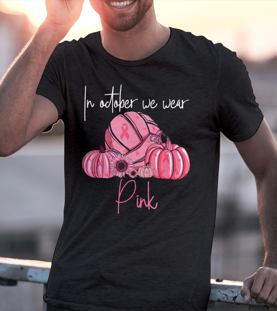 In October We Wear Pink Volleyball Pumpkins With Ribbons T-Shirt
