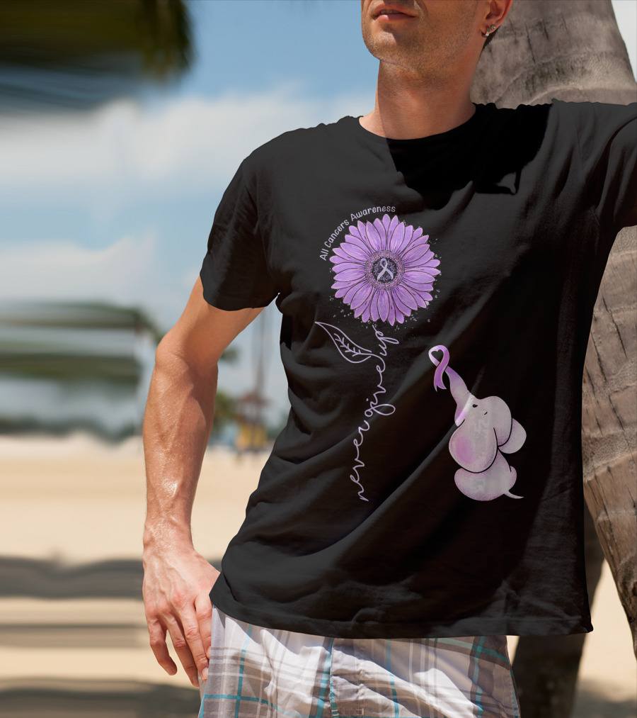Never Giving Up All Cancers Awareness Sunflower Elephant T-Shirt
