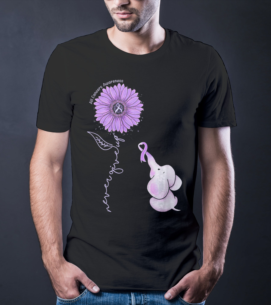 Never Giving Up All Cancers Awareness Sunflower Elephant T-Shirt