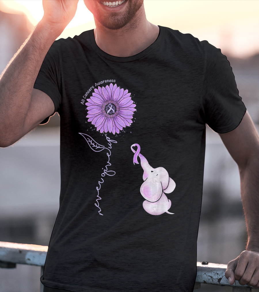 Never Giving Up All Cancers Awareness Sunflower Elephant T-Shirt