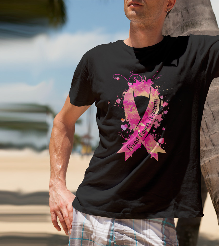 Breast Cancer Awareness Pink Ribbon Hearts And Splash T-Shirt