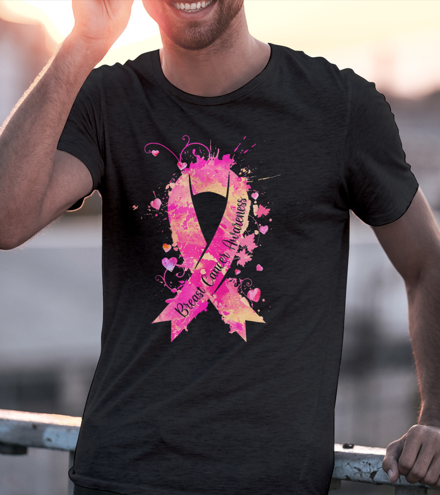 Breast Cancer Awareness Pink Ribbon Hearts And Splash T-Shirt