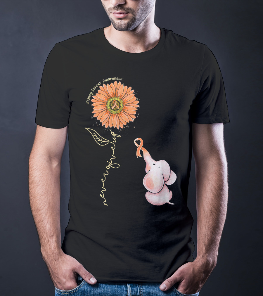 Kidney Cancer Awareness Sunflower Elephant Never Give Up T-Shirt