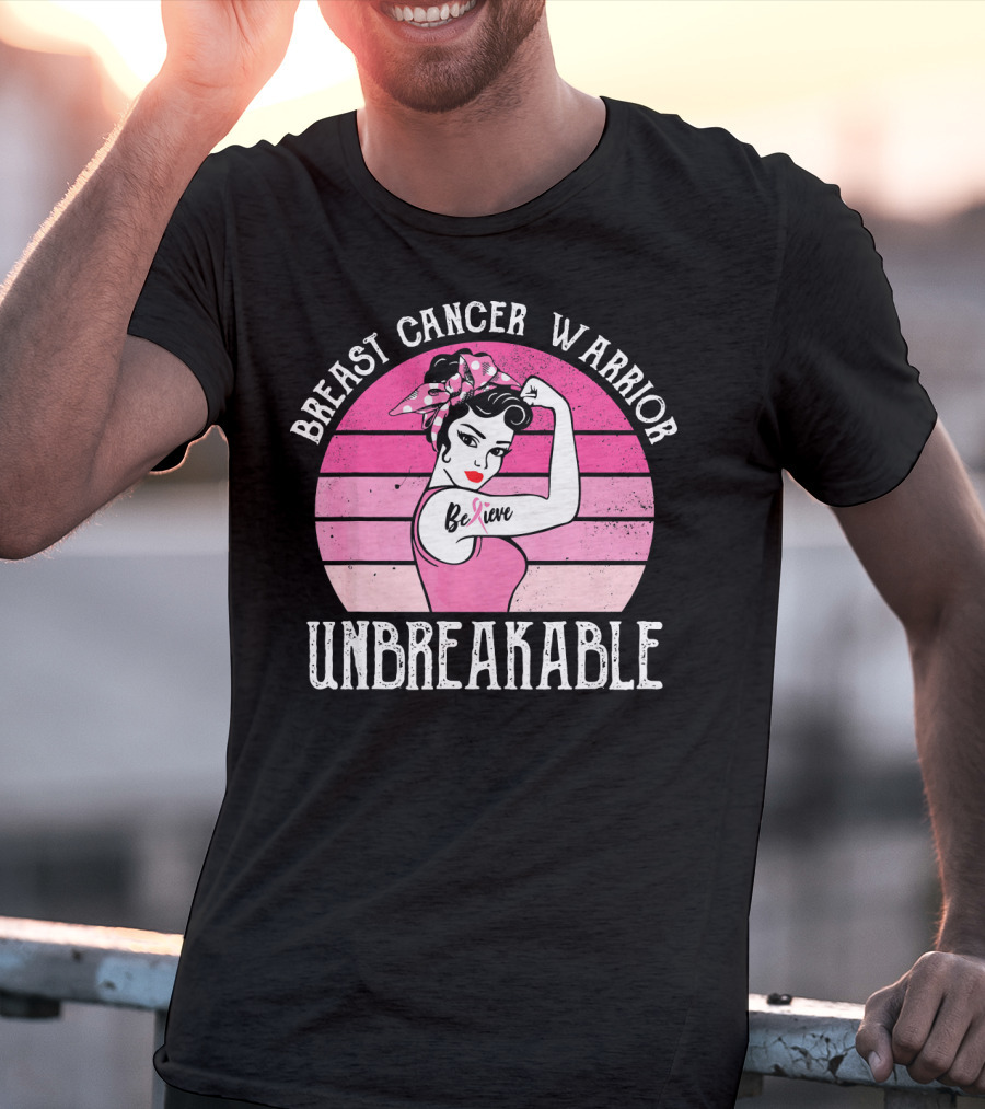 Breast Cancer Warrior Believe Unbreakable Retro Sunset T-Shirt