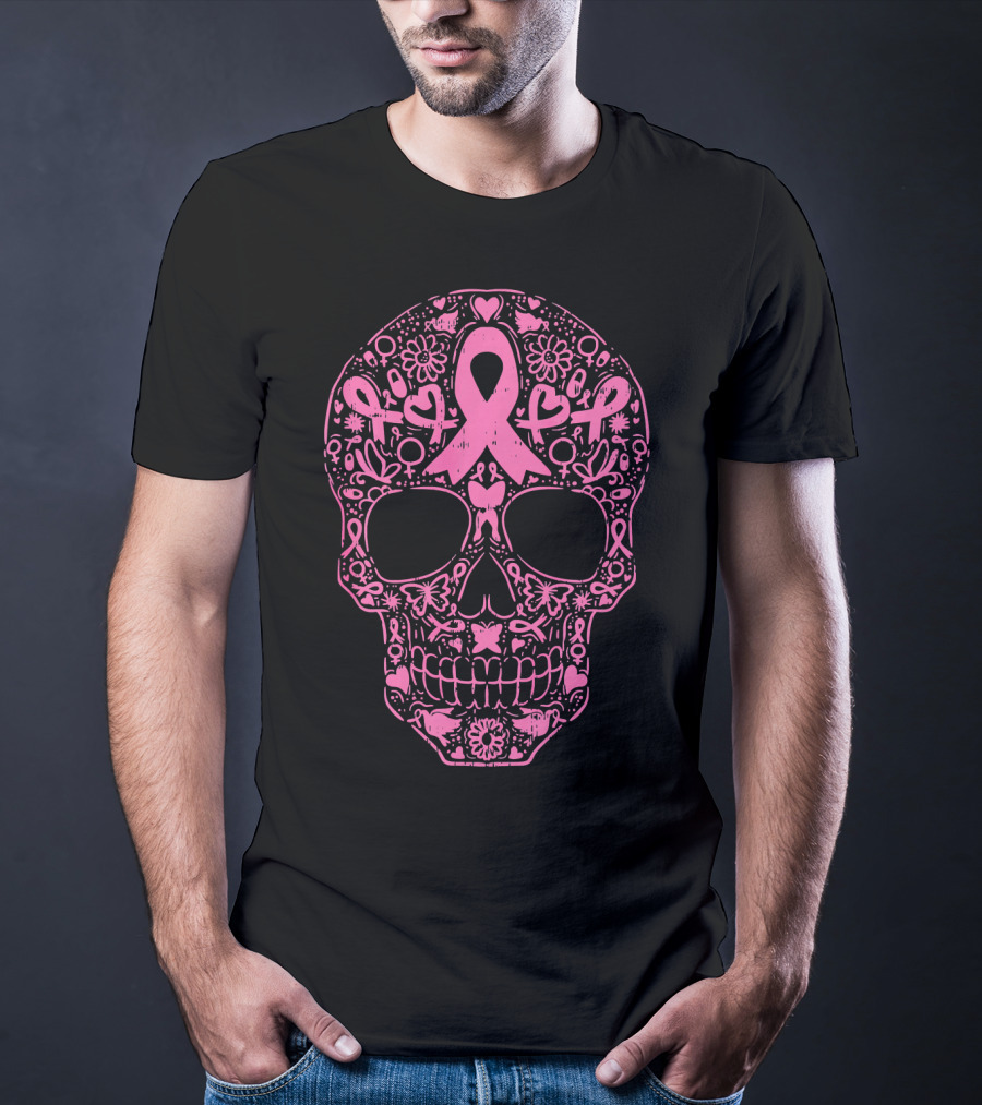 Sugar Skull Pink Ribbon Breast Cancer Awareness Calavera T-Shirt