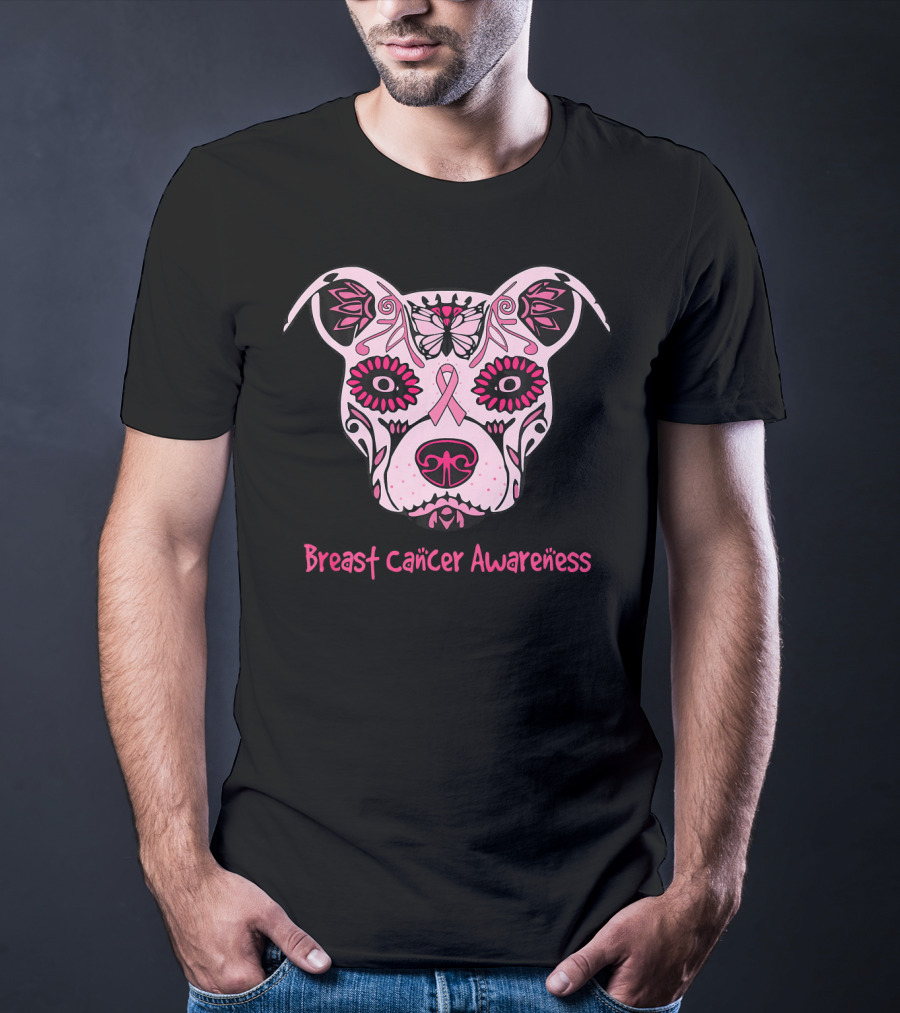 Sugar Pitbull Dog Breast Cancer Awareness Pink Ribbon T-Shirt