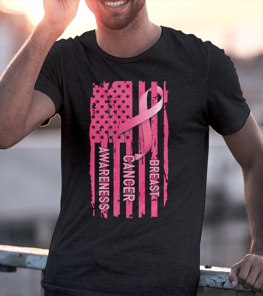 American Flag Pink Ribbon Breast Cancer Awareness T-Shirt